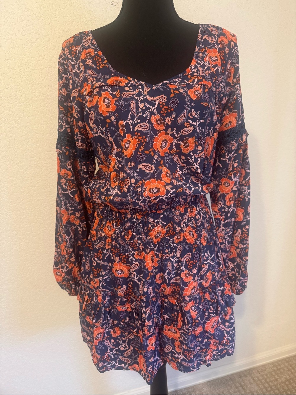 Dear John NWT Boho Floral Paisley Mini Dress Small Lace Trim Long Sleeve